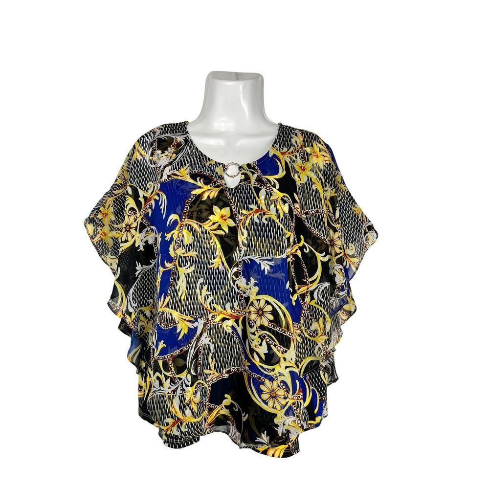 Notations Blouse XL Blue Yellow Floral Poncho Layered Top Flutter Sleeve Sheer